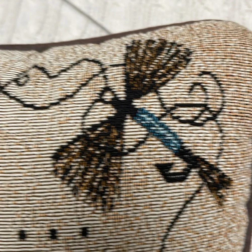 Decorative pillow. Fisherman flies fishing line tapestry black back fabric